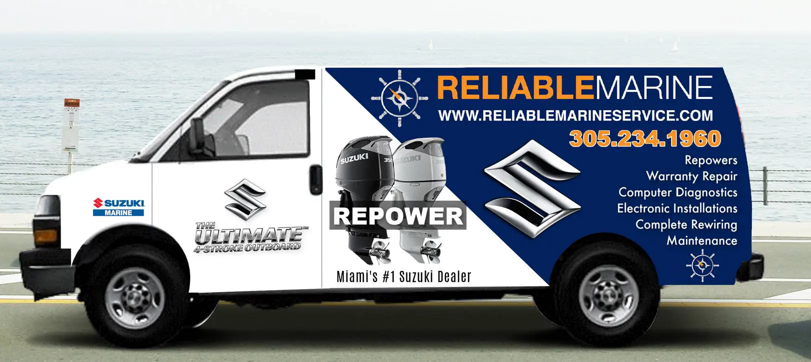 A truck with the words " reliable marine repower " on it.